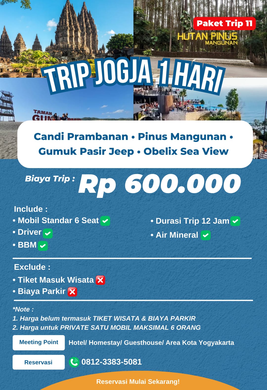 Paket wisata Jogja 1 hari Trip 11: Prambanan, Pinus Mangunan, Jeep Gumuk Pasir, Obelix Sea View